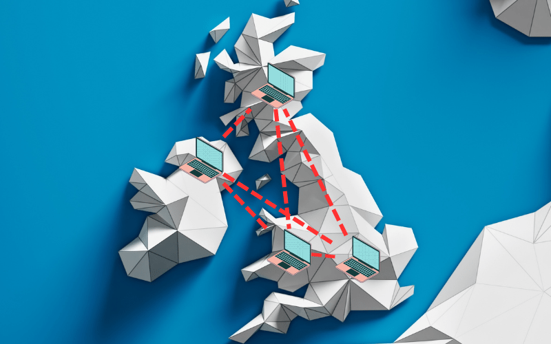 A map of the UK with remote digital marketing expert locations marked on it